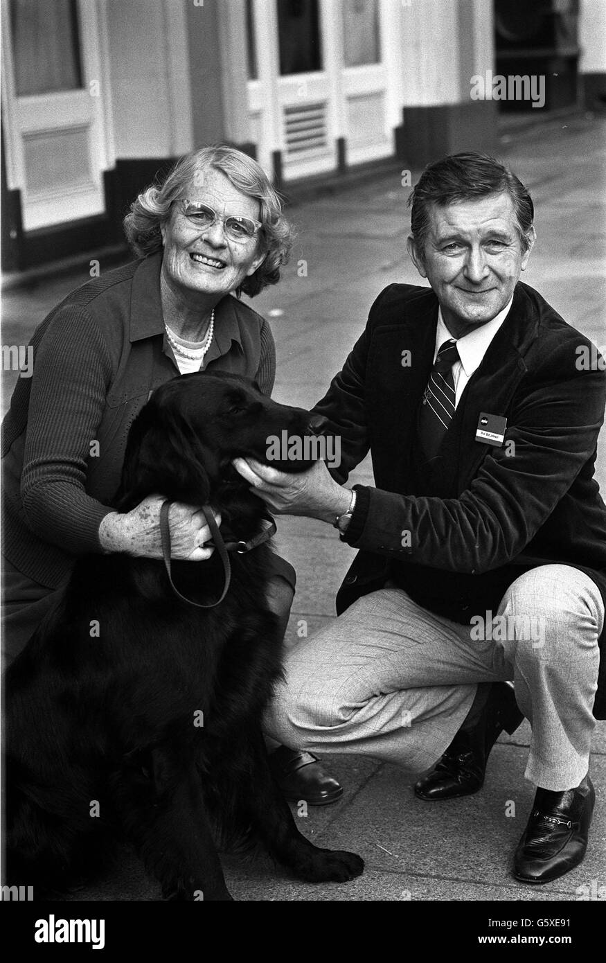 Die Hundetrainerin Frau Barbara Woodhouse und die Weltmeisterin von Crufts 1980, Champion Sharglam Blackcap, helfen Professor Bob Johnson bei der Einführung seiner Erfindung, einem neuen Impfstoff zur Bekämpfung des Parvovirus, der Krankheit, die im Sommer Tausende von Hunden in Großbritannien tötete. Stockfoto