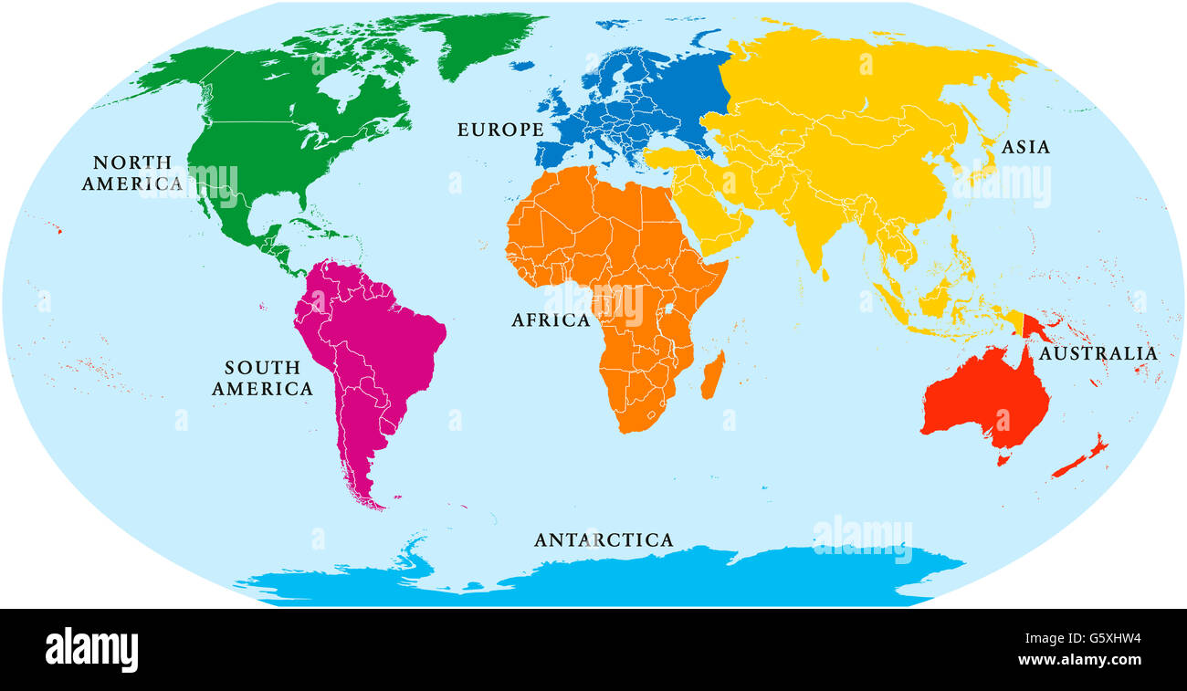 Weltkarte der sieben Kontinente. Asien, Afrika, Nord- und Südamerika, Antarktis, Europa und Australien. Detaillierte Karte. Stockfoto