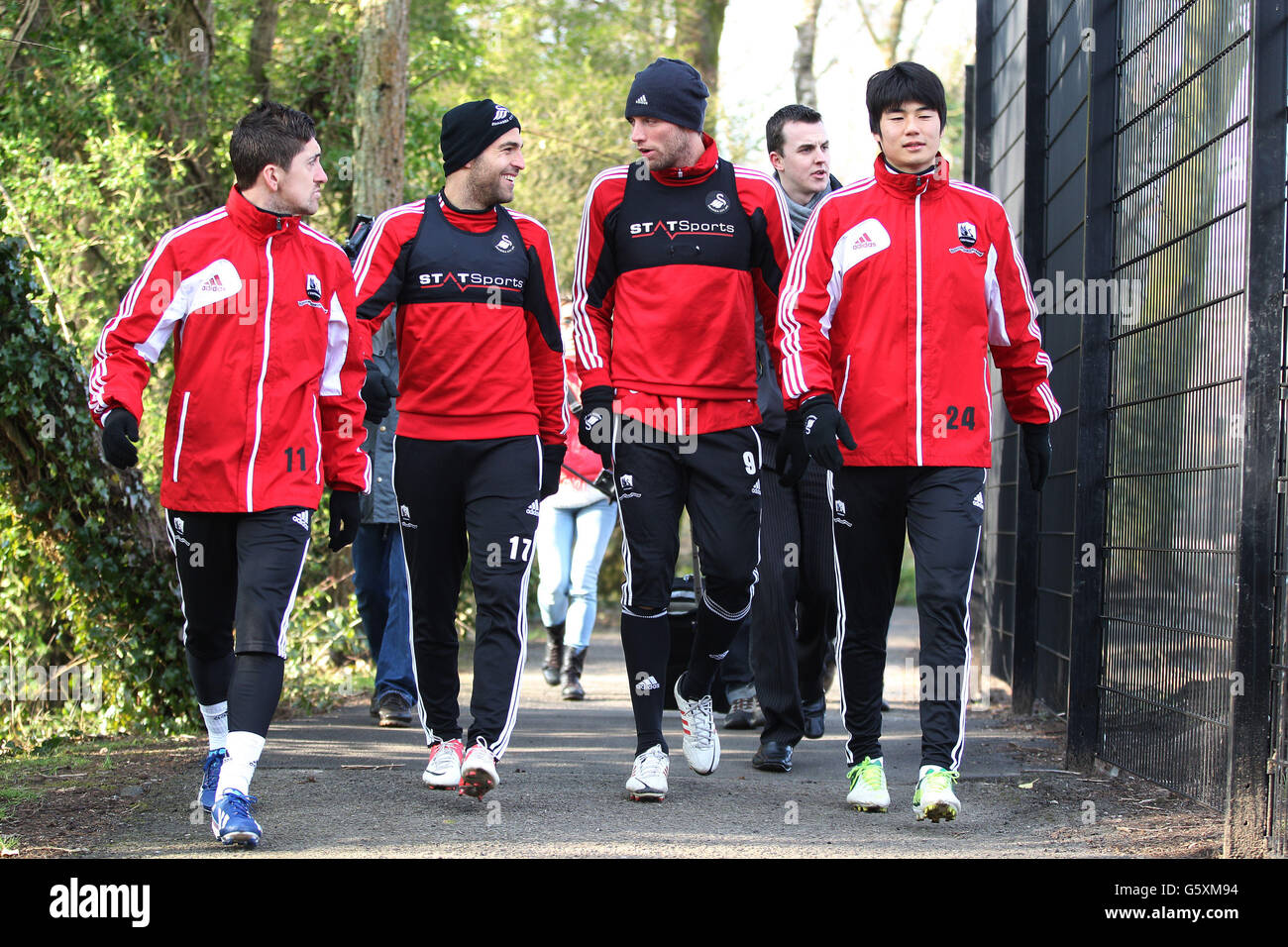 Swansea's (links nach rechts) Pablo Hernandez, Itay Shechter, Michu und Ki Sung-Yong während des Media Day im Liberty Stadium, Swansea. Stockfoto