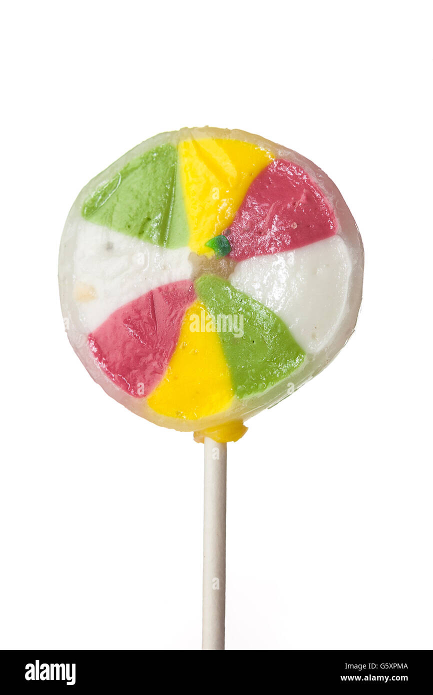 Einzelne bunte Lollipop isoliert auf weißem Hintergrund Stockfoto