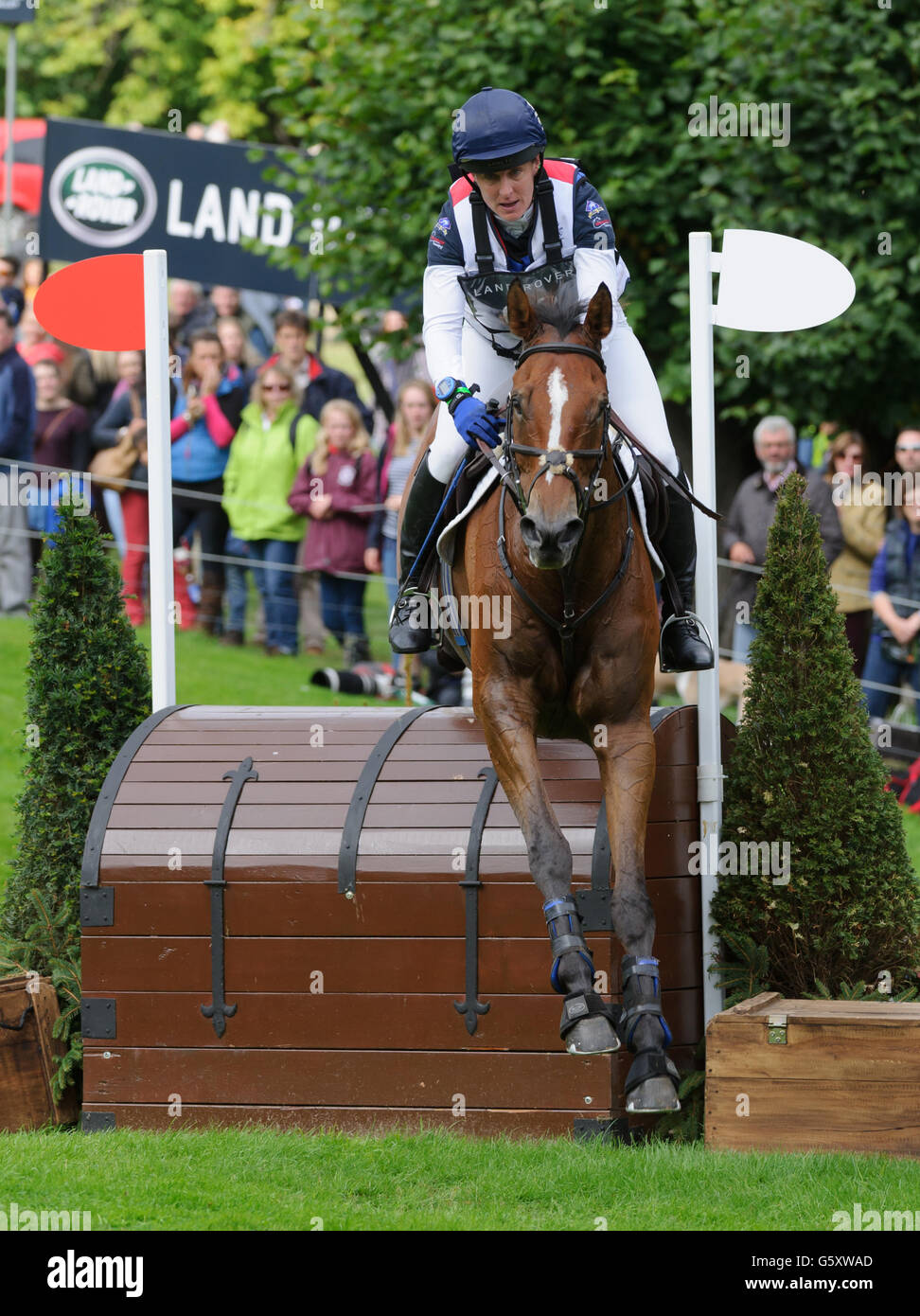 Tina Koch und Sterne bezeugen - Springreiten Phase - Land Rover Burghley Horse Trials, 6. September 2015 Stockfoto