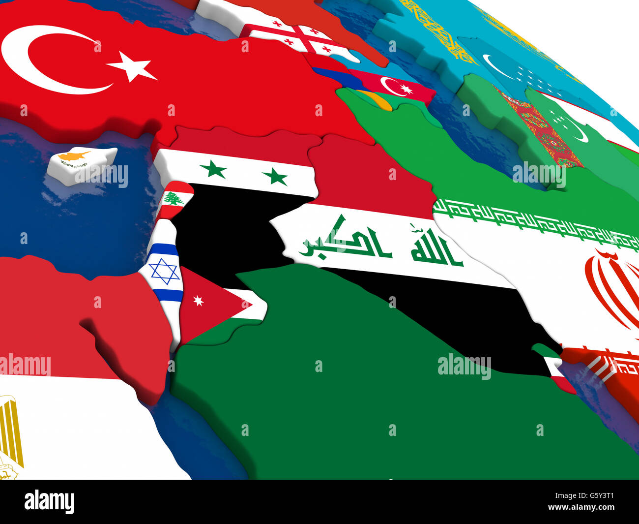 Karte von Israel, Libanon, Jordanien, Syrien und Irak Region mit eingebetteten Fahnen auf politische 3D-Karte. Genaue amtliche Farben der Fahnen Stockfoto