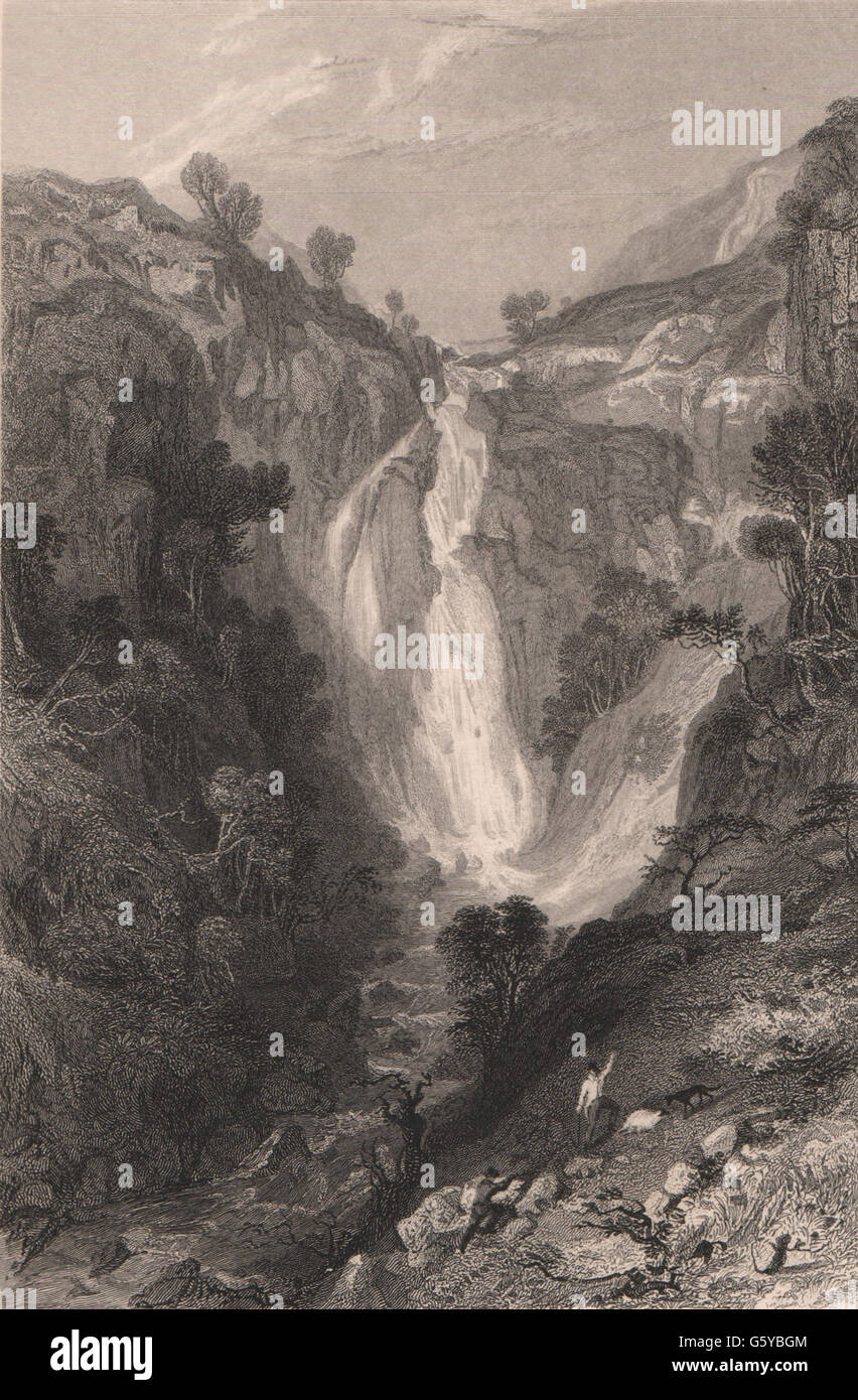 LAKE DISTRICT: Wasserfall, in der Nähe von Sty Head, Cumberland. Cumbria. ALLOM, 1839 Stockfoto