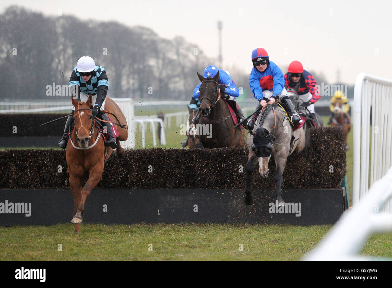 Red Inka (links) unter Danny Cook springt den letzten Zaun, um die Handicap-Hürde des Bravo Inns „Fixed Brush“ zu gewinnen, mit White Fusion (rechts) während des Molson Coors Raceday auf der Haydock Park Racecourse, Newton-le-Willows. Stockfoto