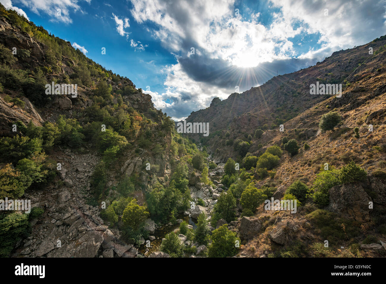 Senken Sie Golo Tal, Fluss Golo, Sonne durch Wolken, Korsika, Frankreich Stockfoto