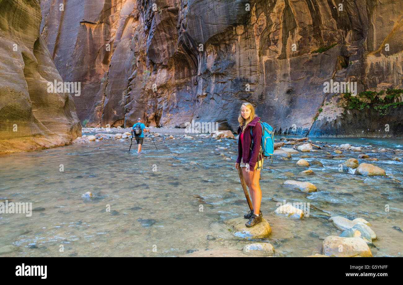 Wanderer im Fluss, Zion Narrows stehen schmale des Virgin River, Steilwände des Zion Canyon, Zion Nationalpark, Utah, USA Stockfoto