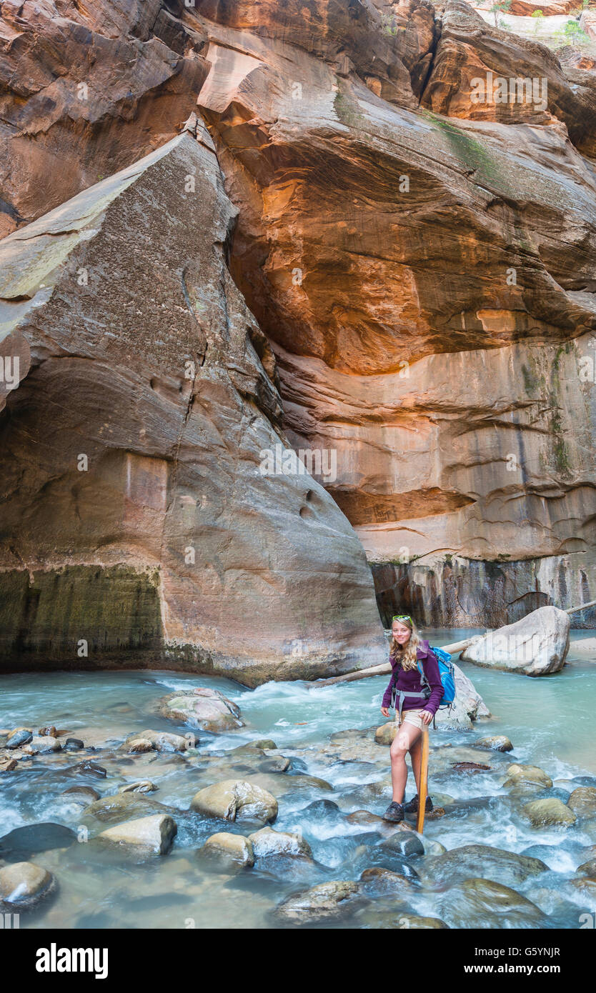 Wanderer zu Fuß durch den Fluss, Zion Narrows, schmale des Virgin River, Steilwände des Zion Canyon, Zion Nationalpark, Utah, USA Stockfoto