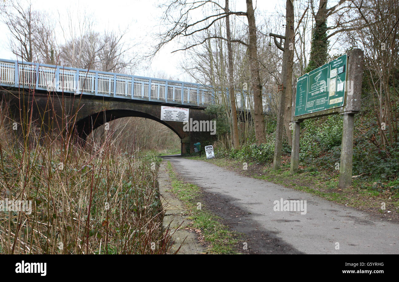 Ein Überblick über das, was von der Plattform am ehemaligen Bahnhof Cuckoo Line in Horam, East Sussex, übrig ist. Da die Passagierzahlen in den 1960er Jahren zurückgingen, wurde die Strecke im Beeching-Plan gestoppt und die Strecke nördlich von Hailsham im Juni 1965 für Passagiere gesperrt. Die ehemalige Strecke ist heute als Cuckoo Trail bekannt, ein 14-Meilen-Weg und Radweg, der weitgehend der ursprünglichen Eisenbahnlinie folgt. Stockfoto