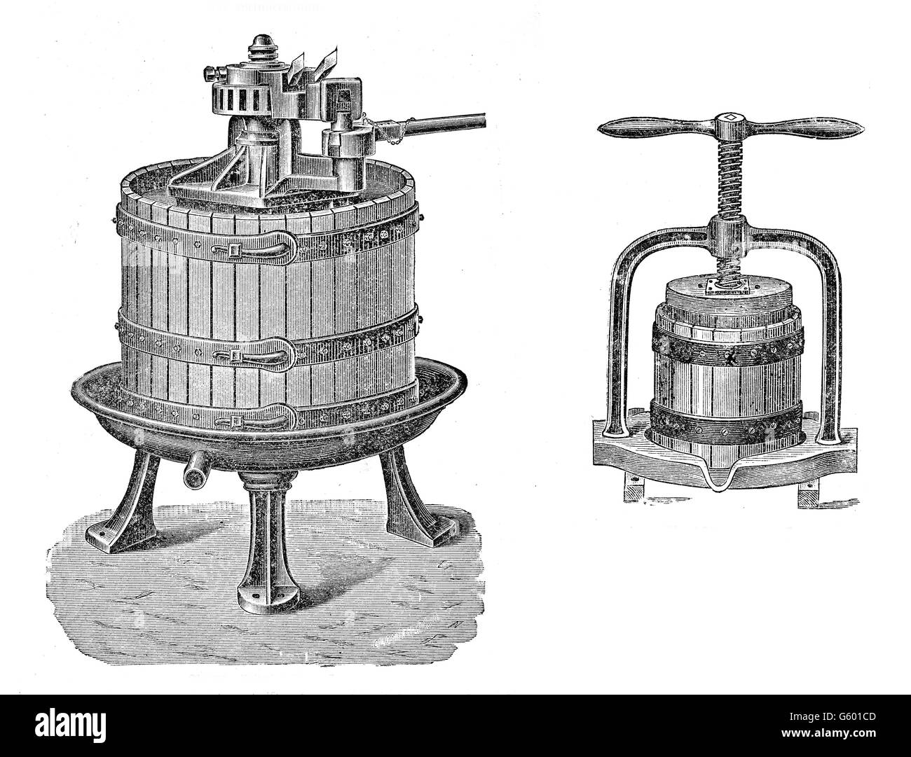 19. Jahrhundert-Abbildung: Herstellung von Wein, Industriemaschine, Trauben zu drücken. Stockfoto