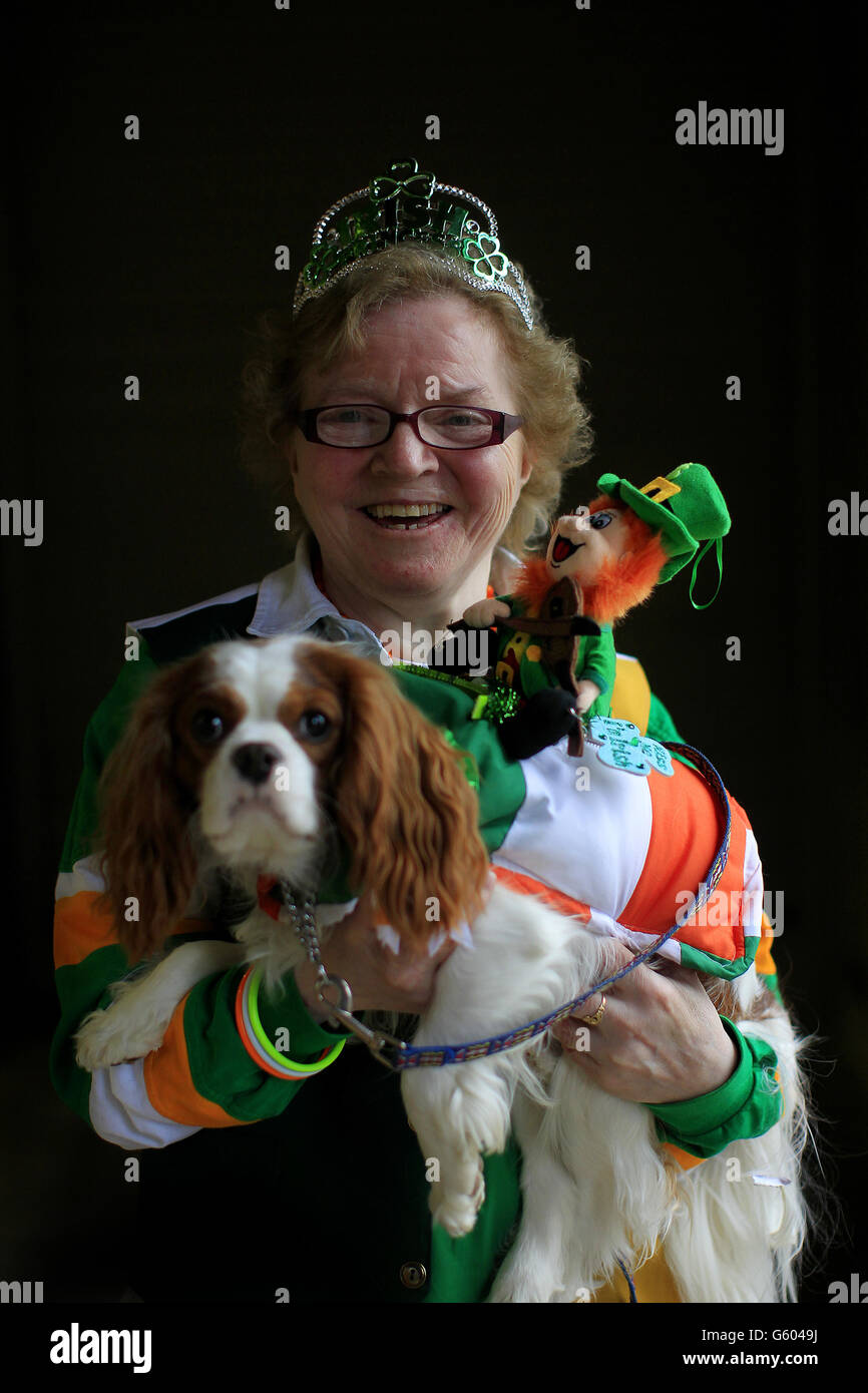 Margaret Farrell mit der „Shanty“-Gewinnerin der besten Kleidung im National Show Centre in Dublin während der Irish Kennel Club Pet Dog Expo 2013. DRÜCKEN SIE VERBANDSFOTO. Bilddatum: Sonntag, 17. März 2013. Der Bildnachweis sollte lauten: Julien Behal/PA Wire Stockfoto