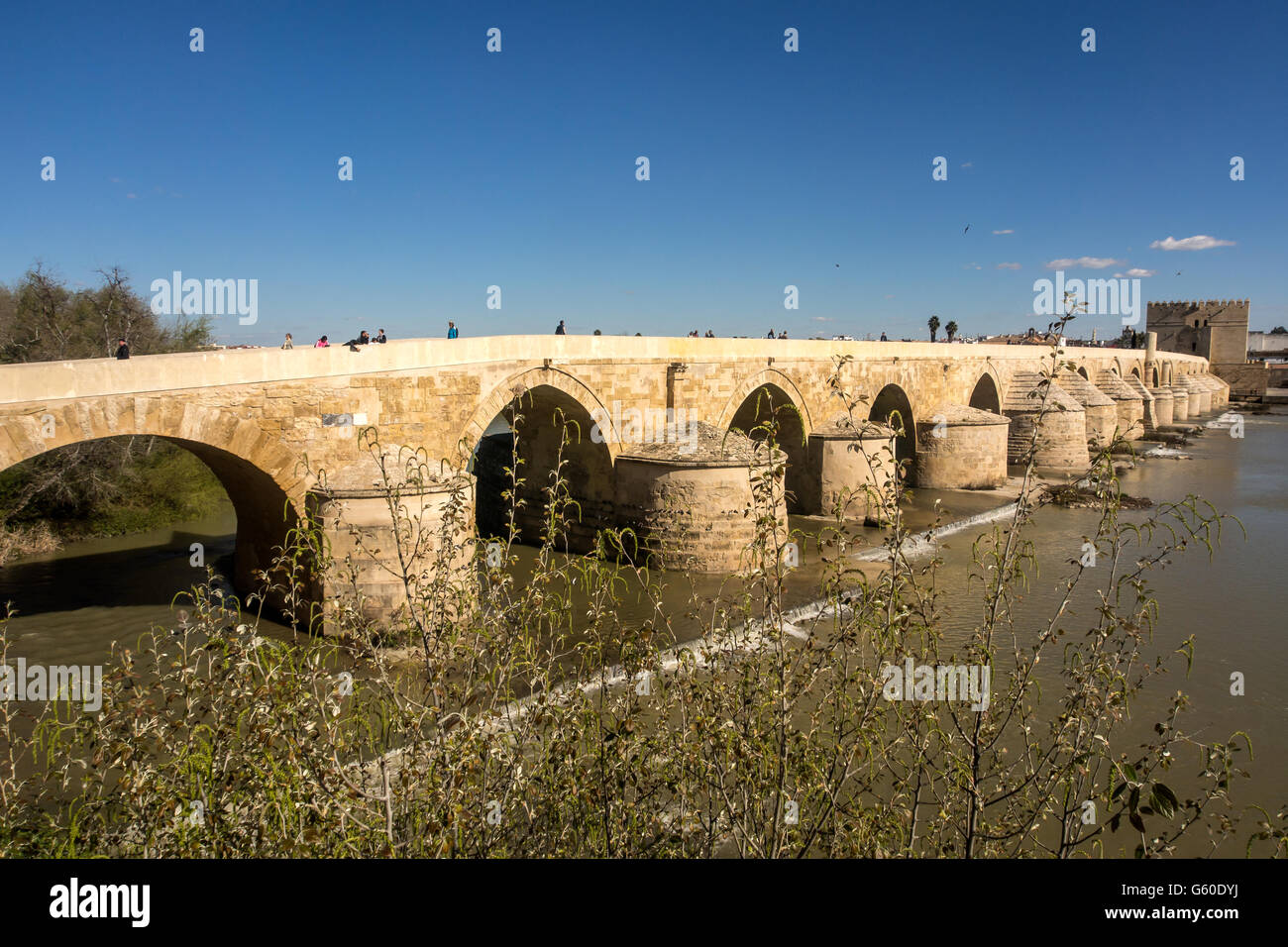 CORDOBA, SPANIEN - 11. MÄRZ 2016: Die römische Brücke über den Fluss Guadalquivir Stockfoto