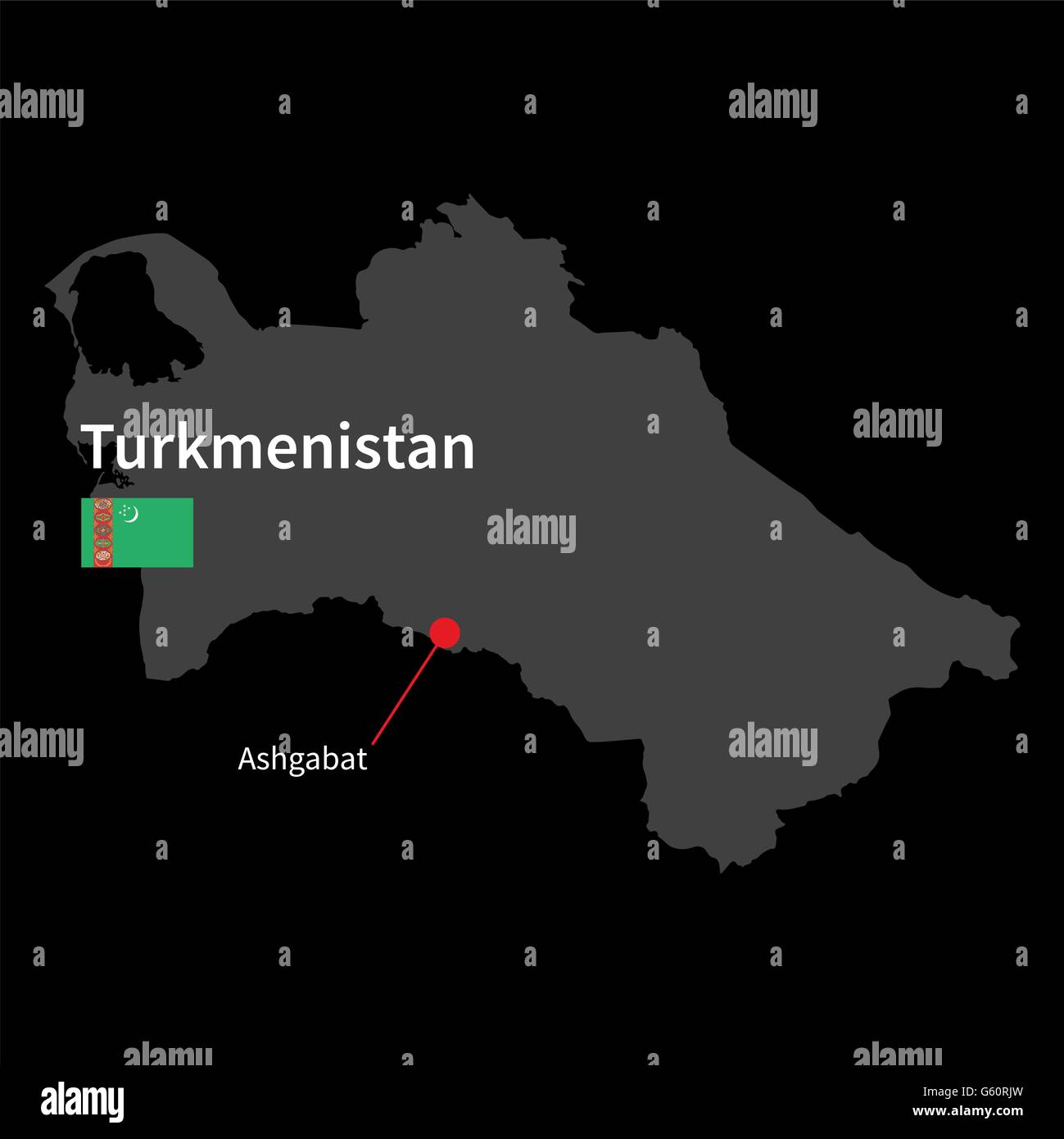 Detaillierte Karte von Turkmenistan und Hauptstadt Ashgabat mit Flagge auf schwarzem Hintergrund Stock Vektor
