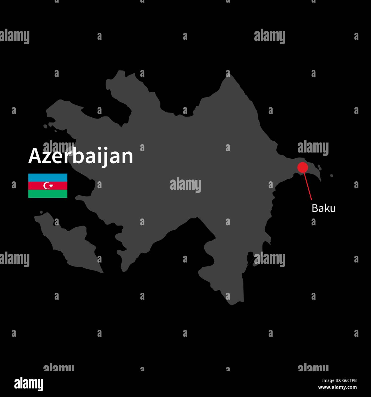 Detaillierte Karte von Aserbaidschan und Hauptstadt Baku mit Flagge auf schwarzem Hintergrund Stock Vektor