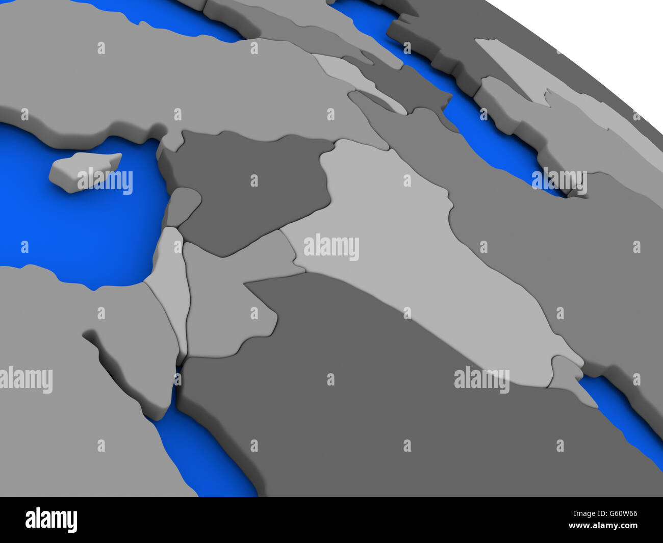 Landkarte von Israel, Libanon, Jordanien, Syrien und Irak Region am 3D-Modell der Erde mit Ländern in verschiedenen Schattierungen von grau und blau oce Stockfoto