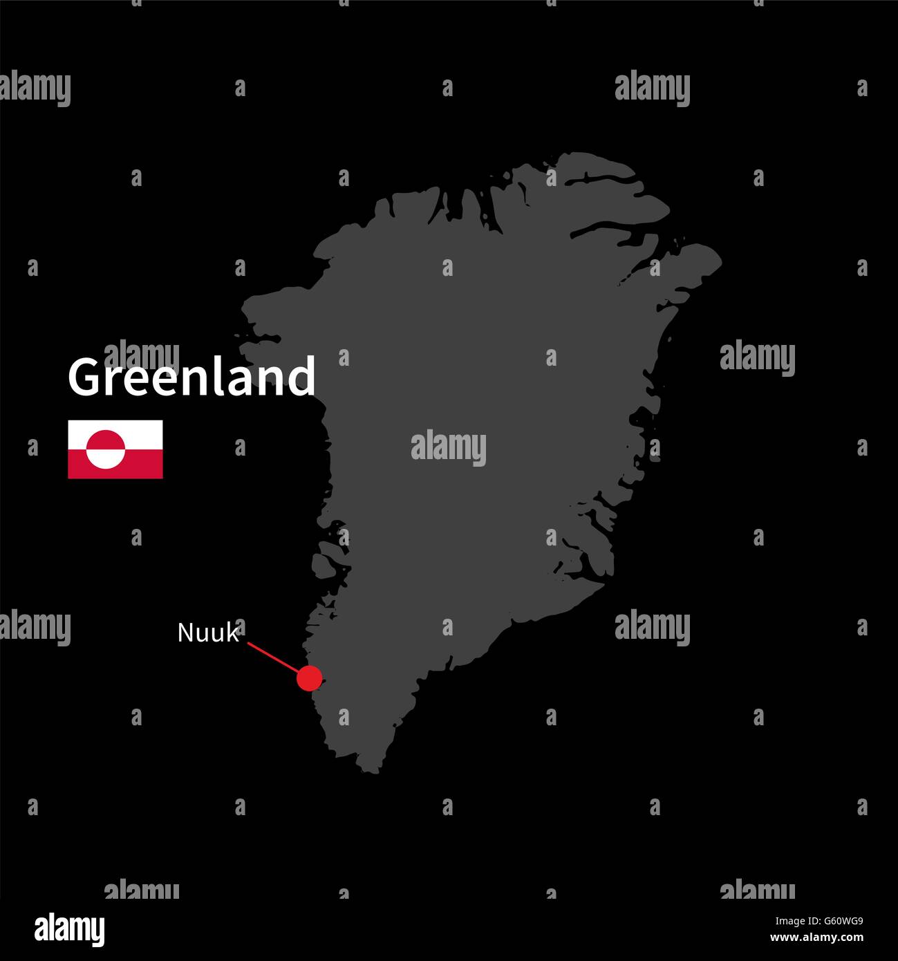 Detaillierte Karte von Grönland und Hauptstadt Nuuk mit Flagge auf schwarzem Hintergrund Stock