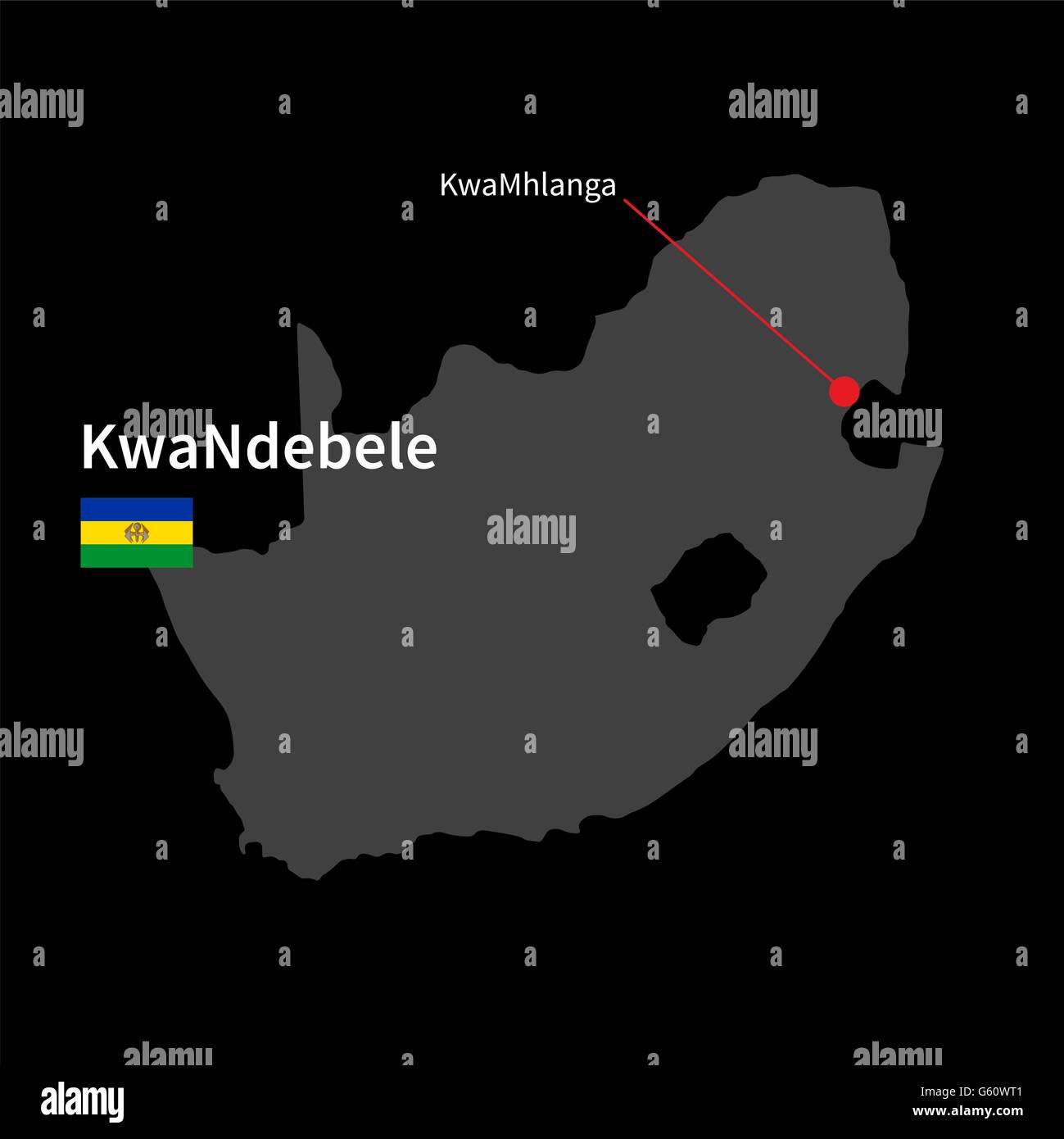 Detaillierte Karte von KwaNdebele und Hauptstadt KwaMhlanga mit Flagge auf schwarzem Hintergrund Stock Vektor