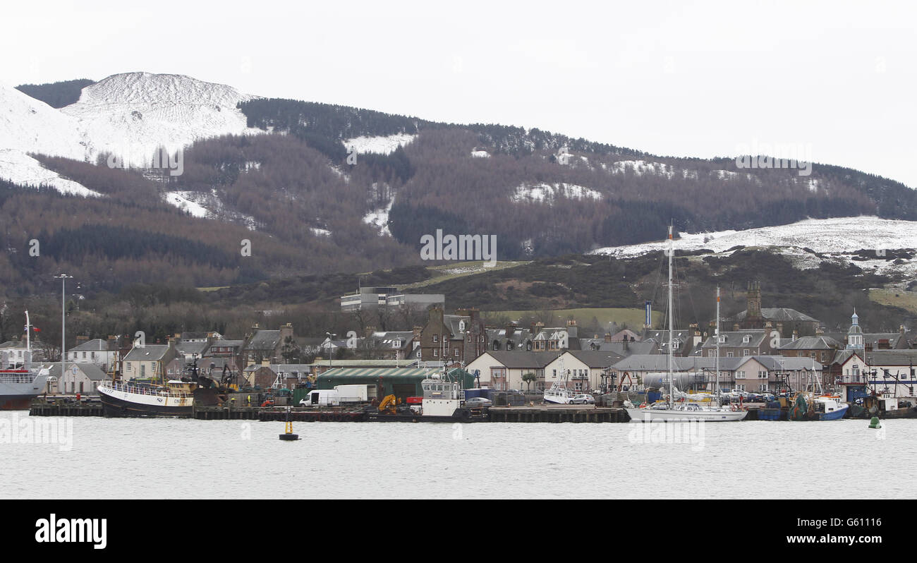 Ein Blick auf Campbeltown in Kintyre, Schottland als Arbeit zur Wiederherstellung der Macht in geht weiter, als Gemeinden einen sechsten Tag ohne Strom konfrontiert. Stockfoto