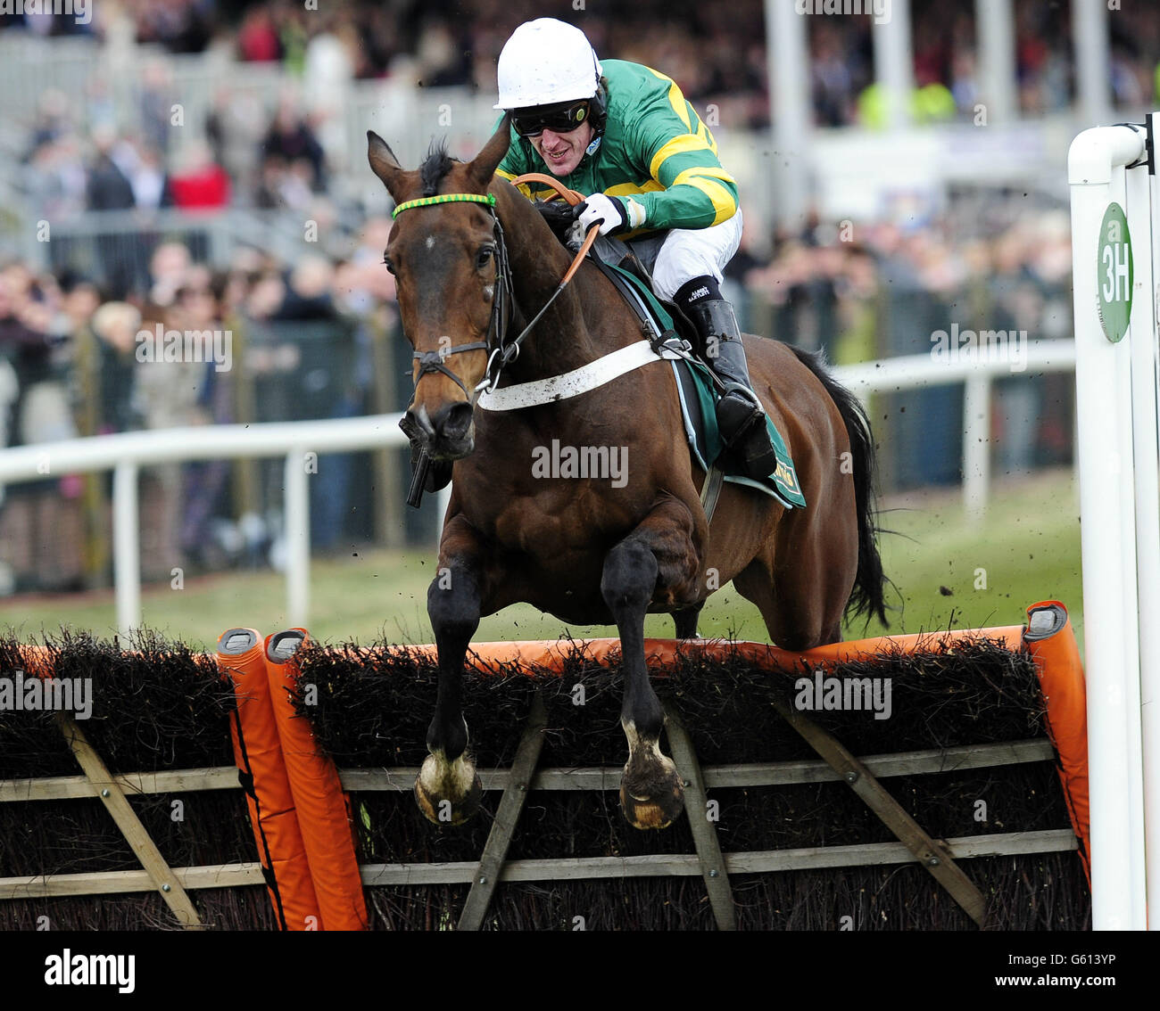 My Tent or Yours ridled by A P McCoy räumt die letzten, um die Rose Appeal unterstützt Alder Hey Top Novices Hürdenlauf während Ladies Day bei der 2013 John Smith's Grand National Meeting auf Aintree Racecourse, Sefton zu gewinnen. Stockfoto