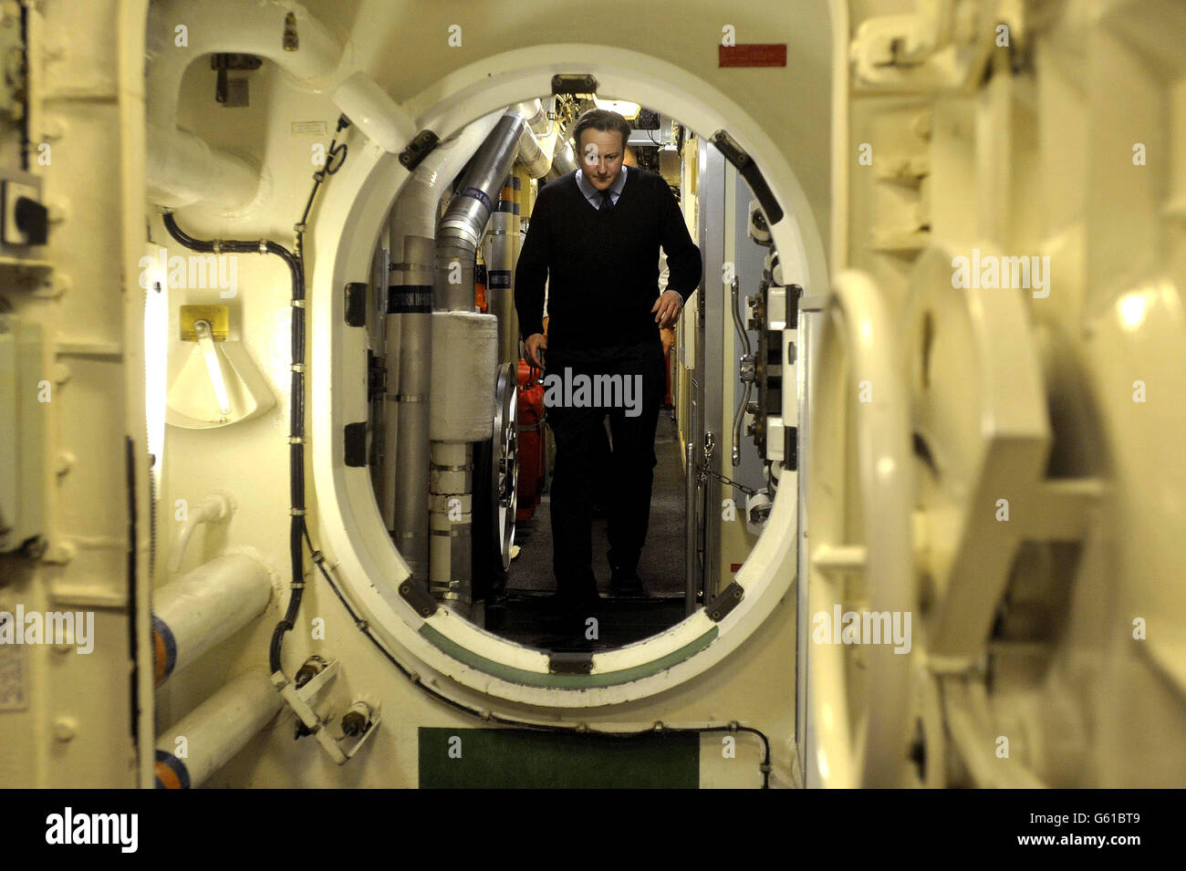 Premierminister David Cameron besucht Vanguard Class Submarine HMS siegreich auf Patrouille vor der Westküste Schottlands. Stockfoto