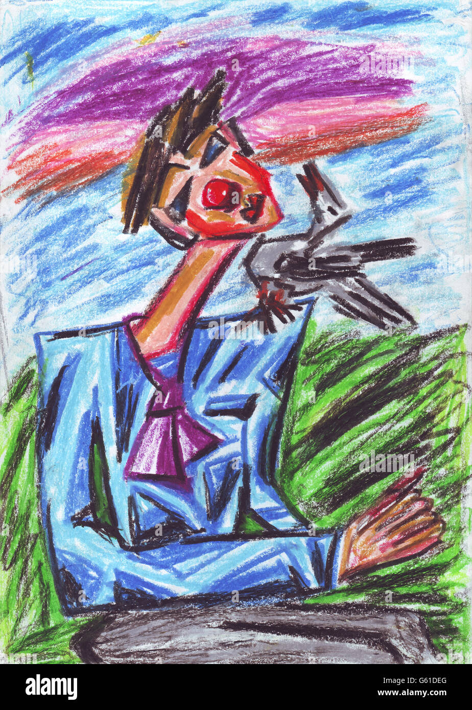 Clown und Vogel Öl-Pastell-Malerei Stockfoto