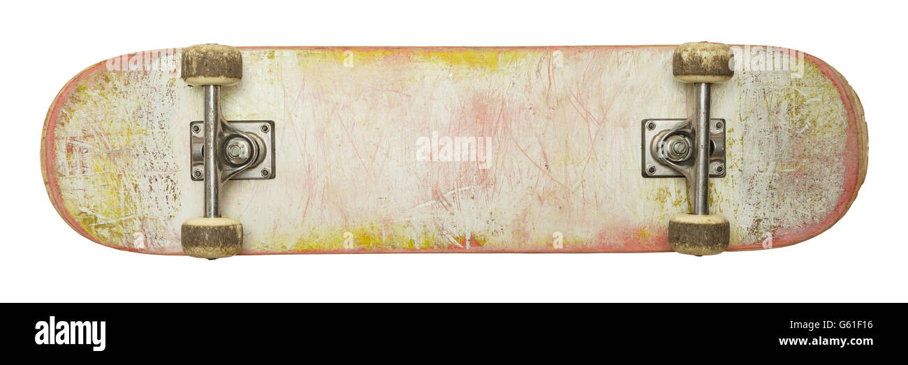 Unterseite des verwendeten Skateboard mit textfreiraum Isolated on White Background. Stockfoto