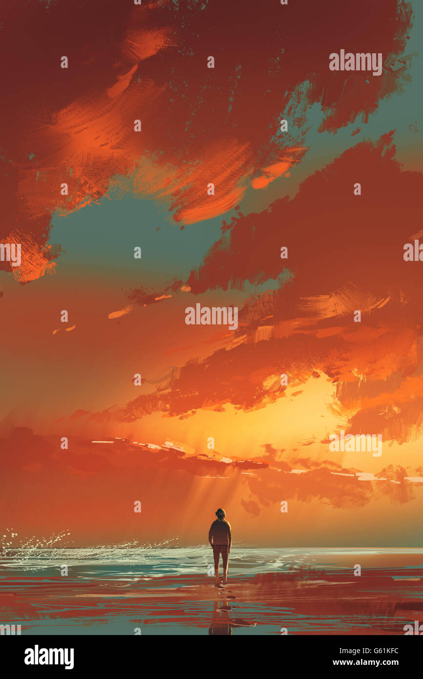 einsamer Mann stehend auf dem Meer unter Sonnenuntergang Himmel, Illustration, Malerei Stockfoto
