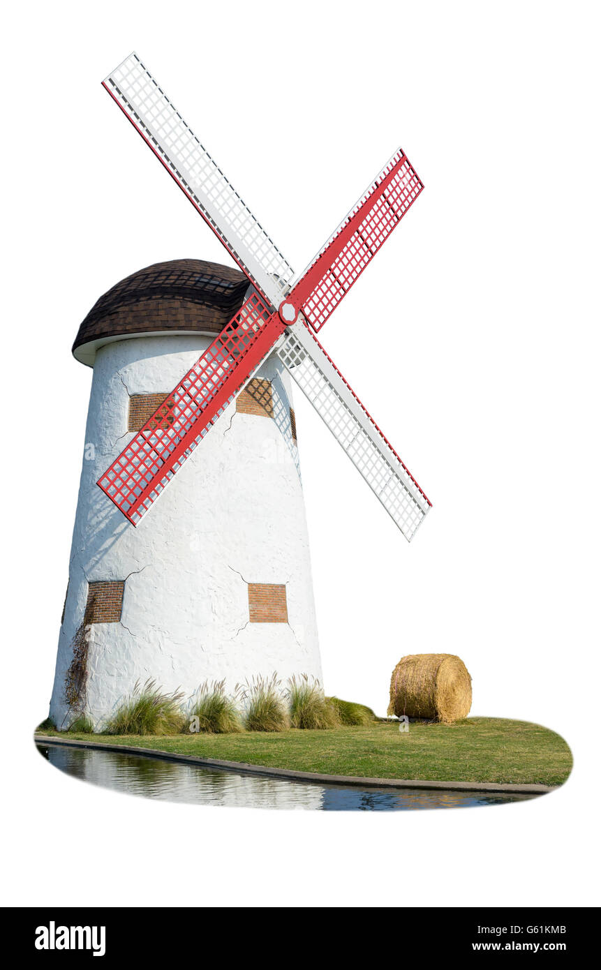 Windmühle und Stroh in der Rasen Wasser isoliert auf weißem Hintergrund Stockfoto
