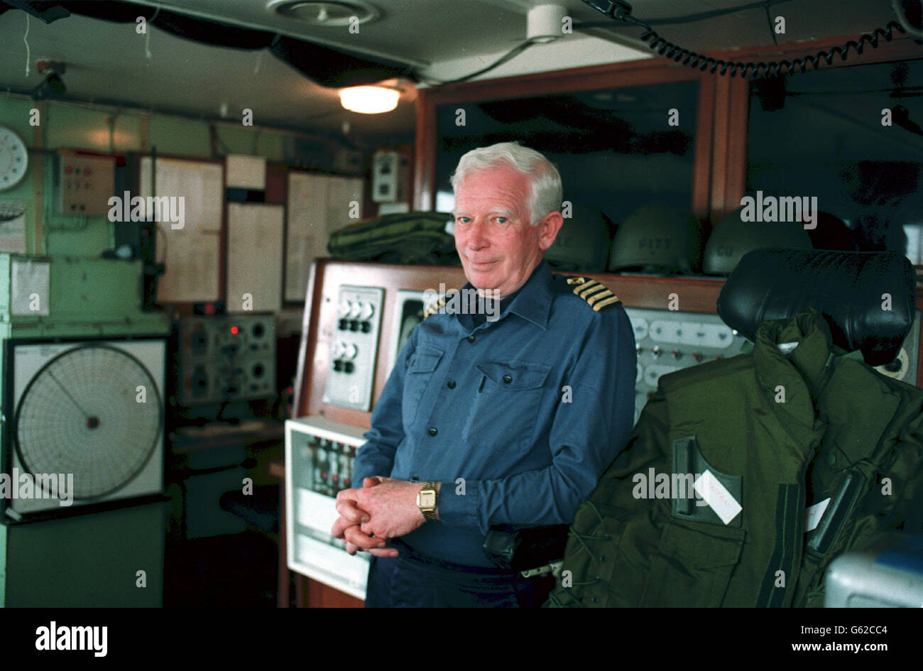 DER GOLFKRIEG: Kapitän Bill Walker aus Südwales auf der Brücke von RFA Sir Bedivere irgendwo im Golf. Stockfoto