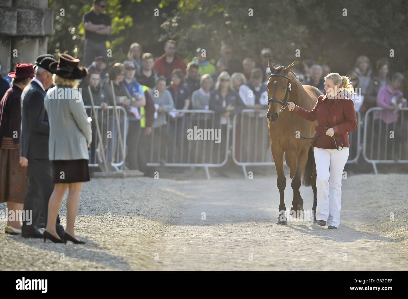 Zara Phillips führt ihr Pferd High Kingdom vor der Grand Jury während des ersten Tages der Badminton Horse Trials in Badminton, Gloucestershire. Stockfoto