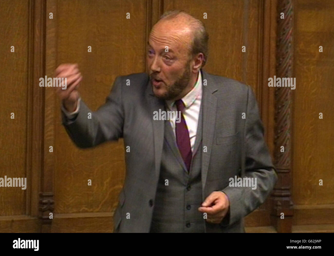 Der Abgeordnete George Galloway spricht während einer Sitzung des Parlamentsantrags im Unterhaus in London, während die Regierung plant, die Fragen des Premierministers zu streichen, damit hochrangige Minister an der Beerdigung von Baroness Thatcher teilnehmen können. Stockfoto