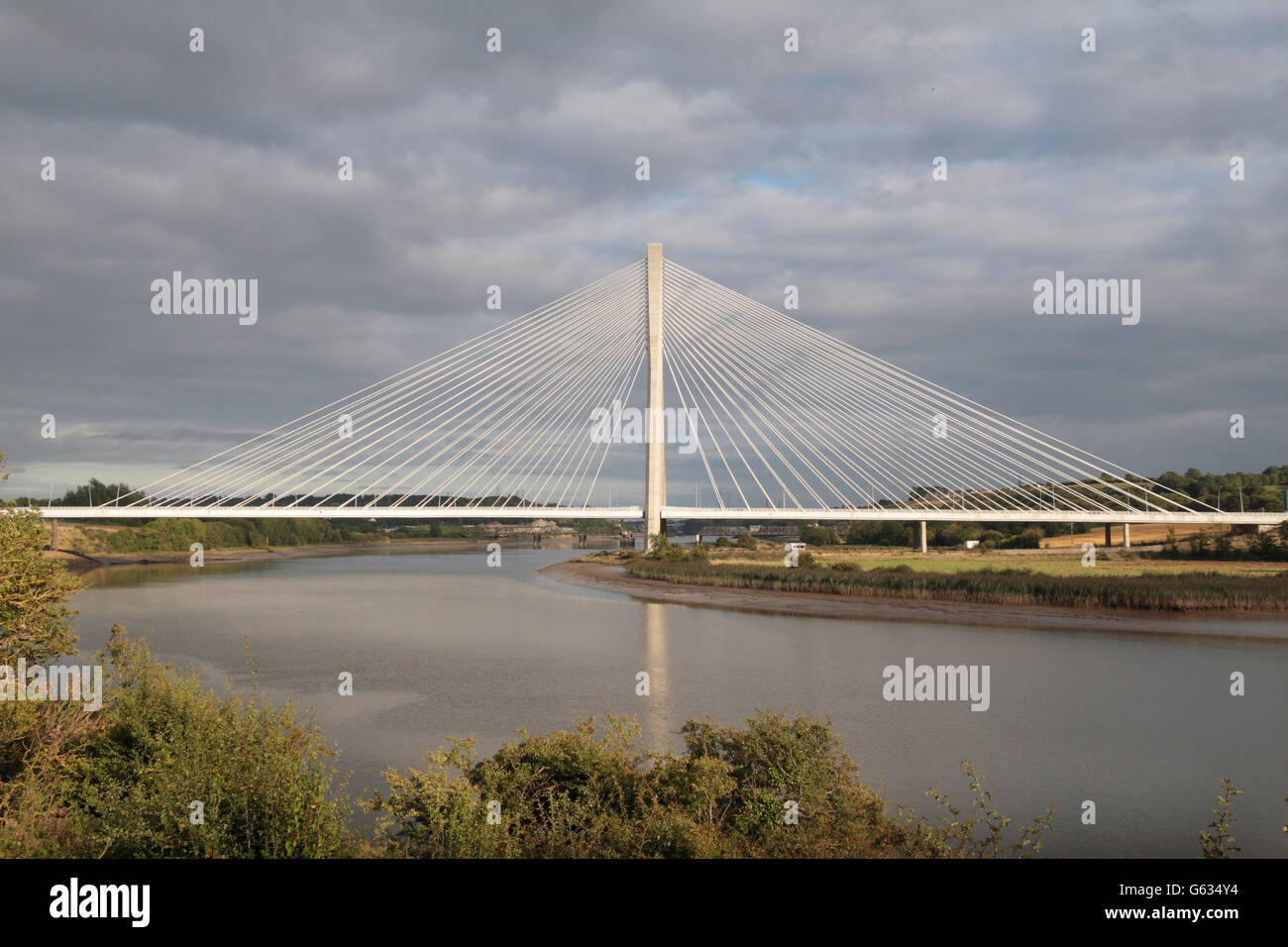 Der River Suir Bridge ist eine Schrägseilbrücke über den Fluss Suir in Irland. Es wurde als Teil der N25 Waterford Umgehungsstraße gebaut. Stockfoto