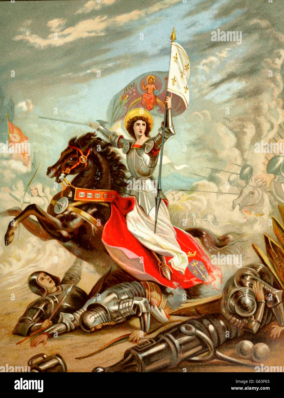 Frankreichs Jeanne d ' Arc. Prophezeiungen von Merlin - eine Jungfrau, deren Pferd über den Rücken der Bogenschützen beschreiten wird. Stockfoto