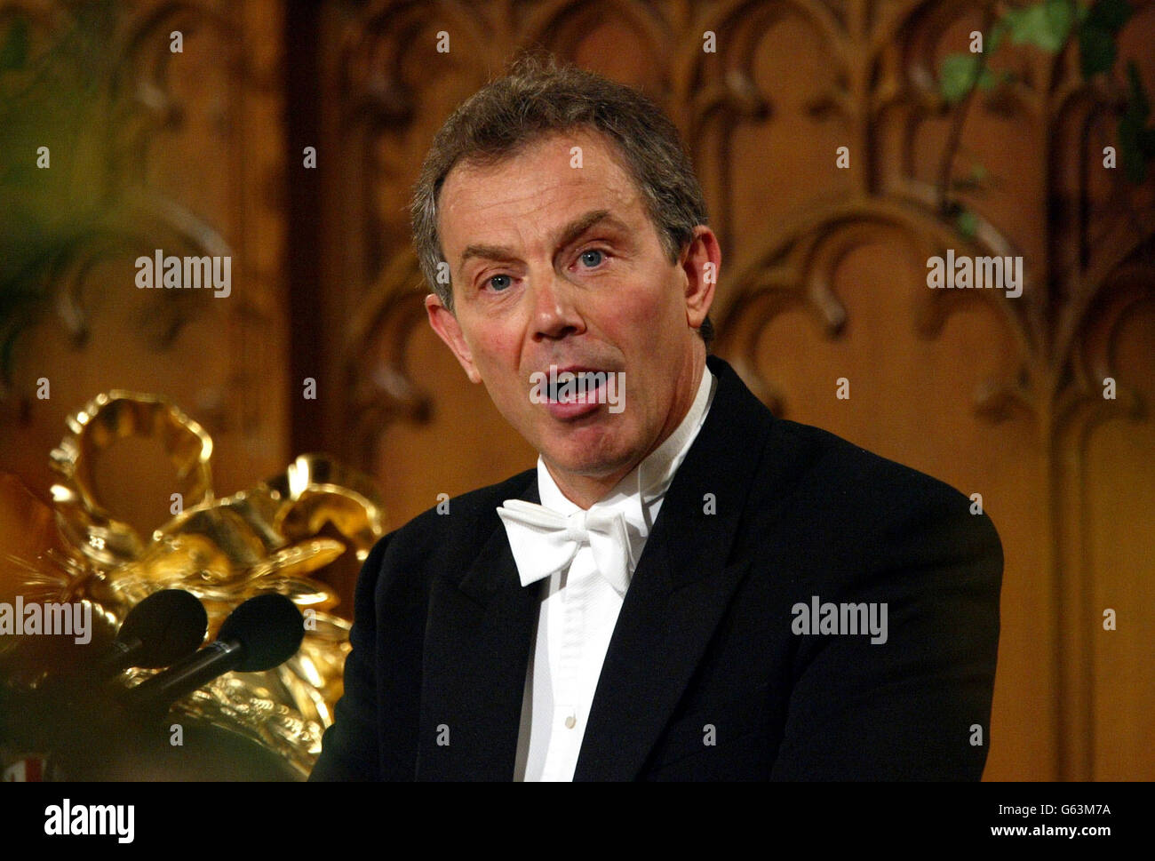 Premierminister Tony Blair spricht beim Bankett des Oberbürgermeisters im Guildhall in der City of London. Stockfoto