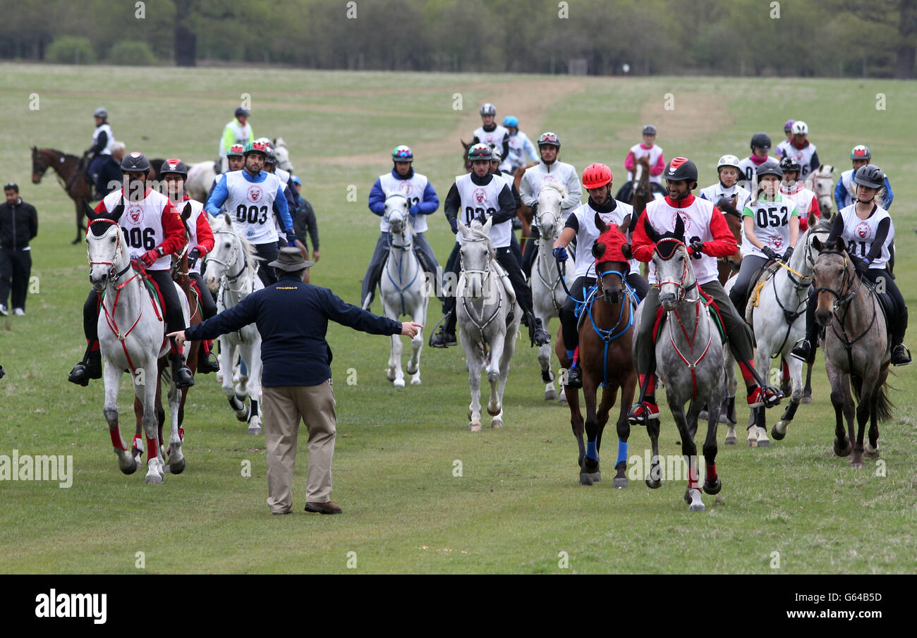Teilnehmer am Start des Royal Windsor Endurance Race im Great Park am dritten Tag der Royal Windsor Horse Show im Windsor Castle, Berkshire. Stockfoto