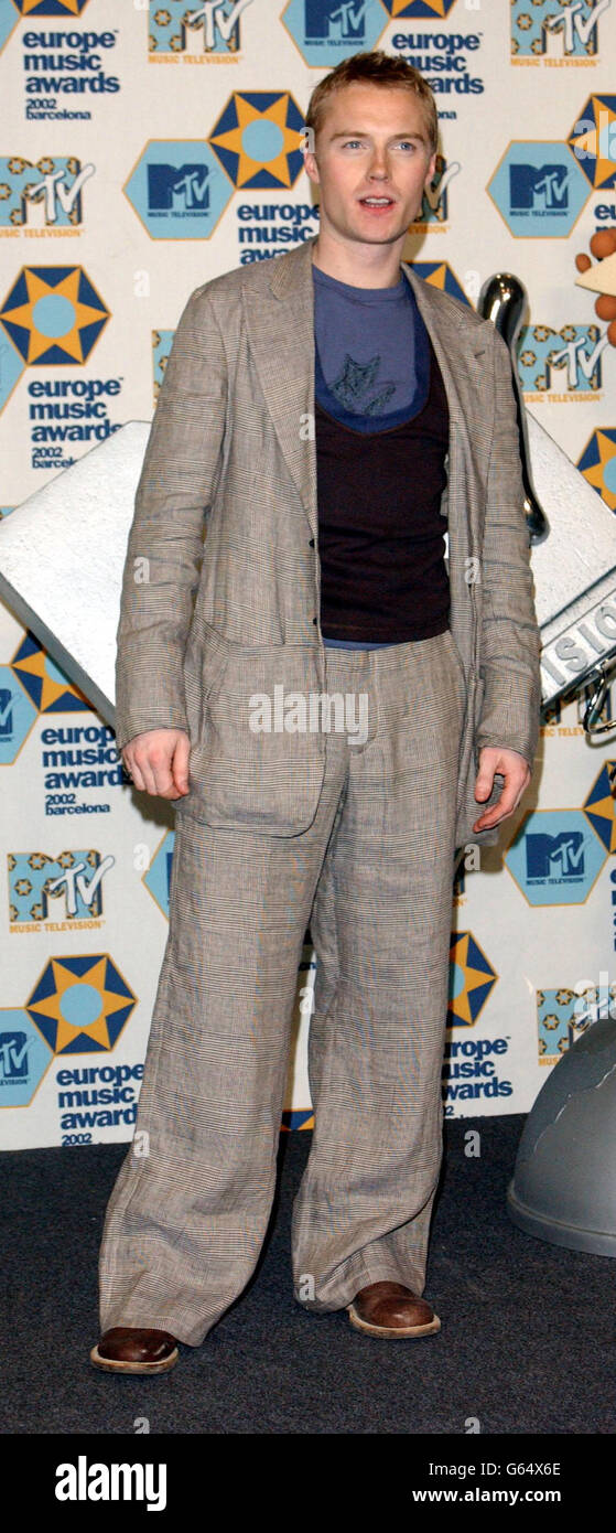 Ronan Keating MTV Awards. Sänger Ronan Keating während der MTV Europe Music Awards 2002 im Palazzo Sant Jordi, Barcelona, Spanien. Stockfoto