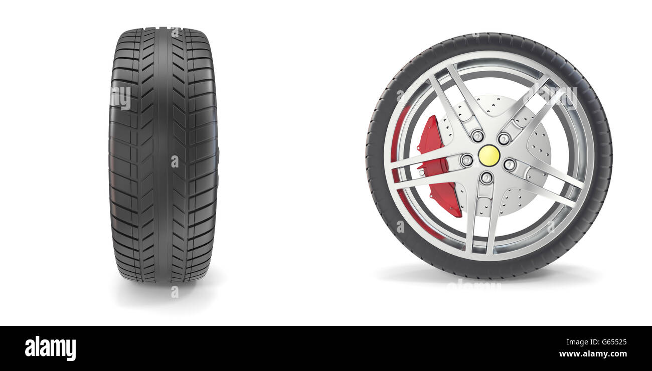 Chrom-Rad mit Reifen isoliert auf weißem Hintergrund. 3D illustration Stockfoto