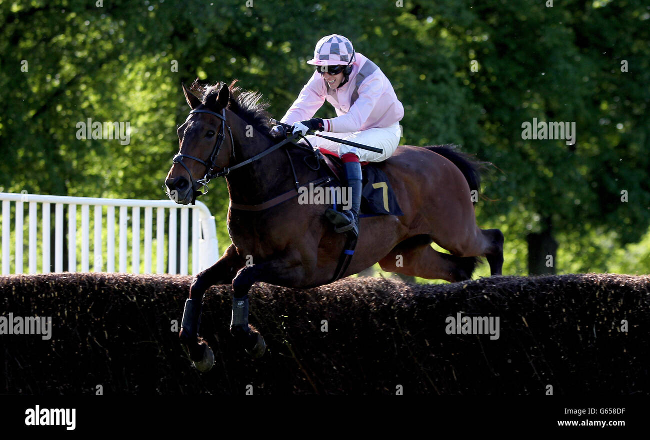 Stone von Mr J.M.Ridley auf dem Weg zum Sieg springt die letzte in der Hargreave Hale Stockbrokers Hunters' Steeple Chase auf der Worcester Racecourse, Worcester. Stockfoto