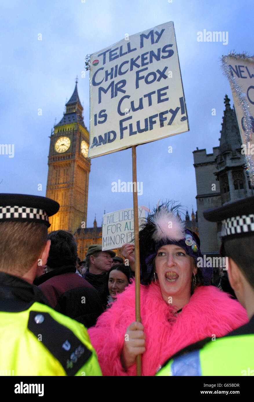 Anhänger der Jagd blockieren den Parliament Square in London, nur wenige Meter vom Unterhaus entfernt. Die Demonstranten, pfeifend, jubelnde und winkende Banner, inszenierten ihren Protest weit über eine Stunde lang. Stockfoto
