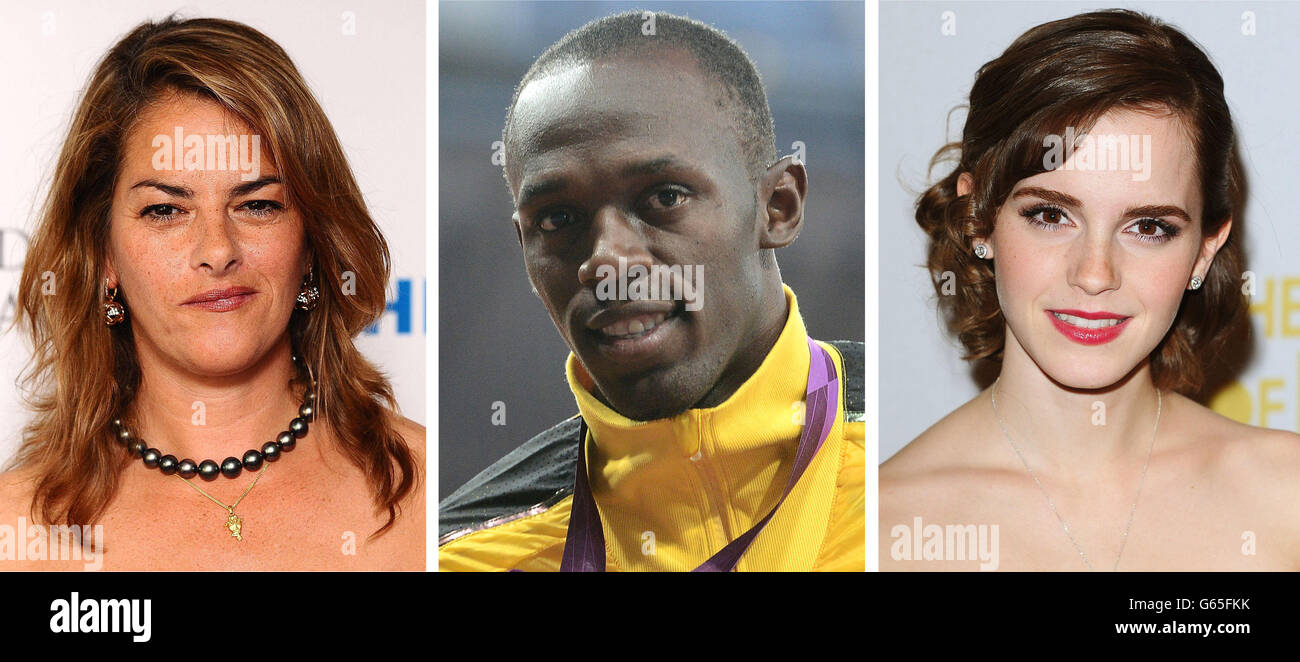 Fotos von (von links) Tracey Emin, Usain Bolt und Emma Watson. Stockfoto
