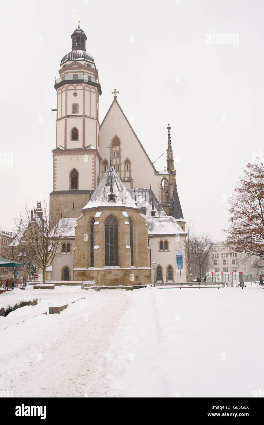 Thomaskirche (St. Thomas Church) im Winter, Deutschland, Leipzig Stockfoto