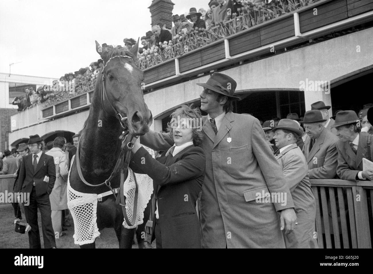 Trainer Henry Cecil mit dem 2,000-Guineas-Sieger Bolkonski bei Newmarket. Stockfoto