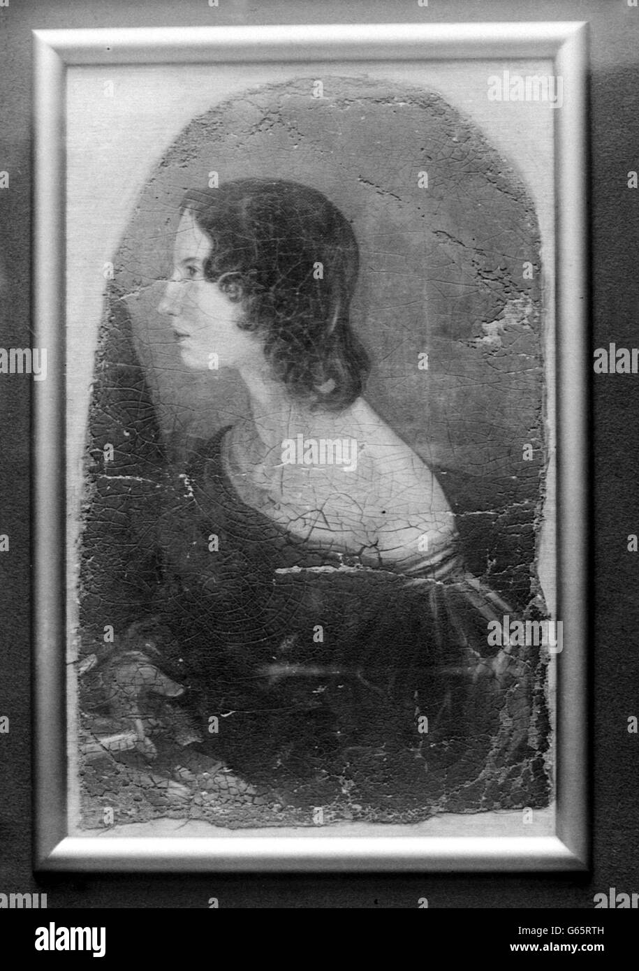 Porträt von Emily Bronte, gemalt von ihrem Bruder Patrick Branwell, das in der National Portrait Gallery zu sehen war. Stockfoto