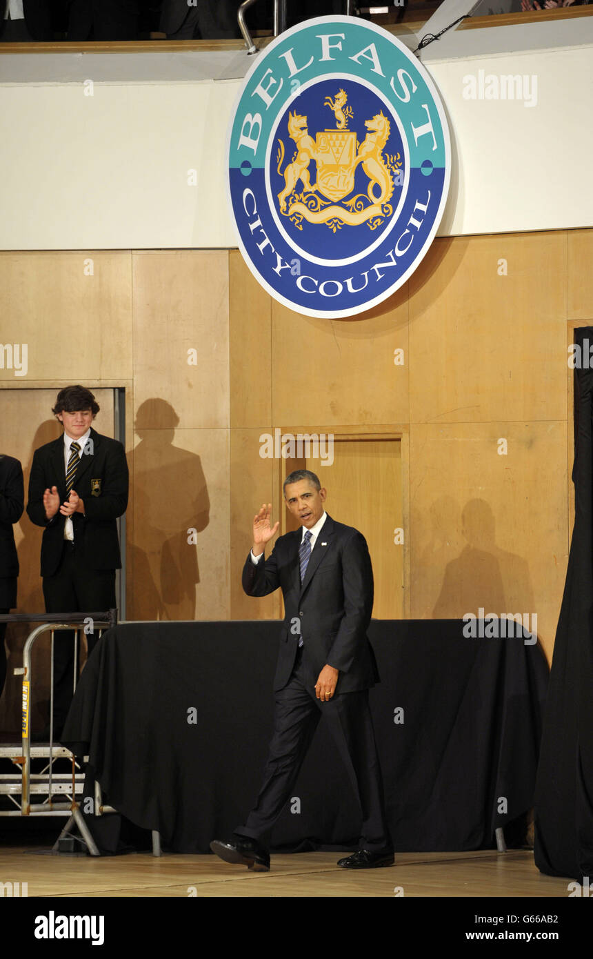 US-Präsident Barack Obama, bevor er vor dem G8-Gipfel in der Waterfront Hall in Belfast eine Keynote hielt. Stockfoto