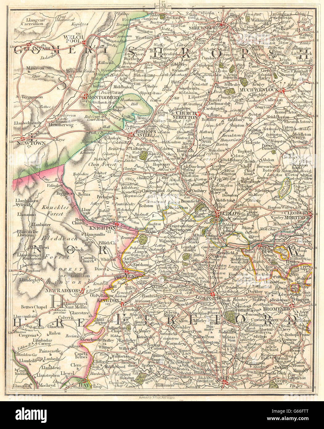 WELSH MARCHES: Shrops Radnor Montgomery.Shrewsbury Ludlow Hereford.CARY, 1794 Karte Stockfoto