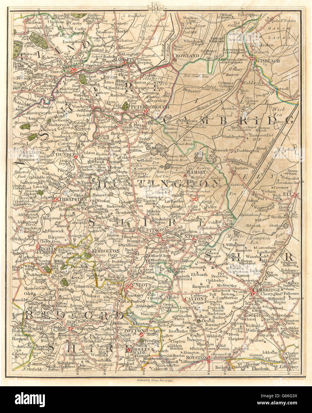 EAST ENGLAND: Isle of Ely Fens Cambridge Peterborough Bedford Hunts.CARY 1794 Karte Stockfoto