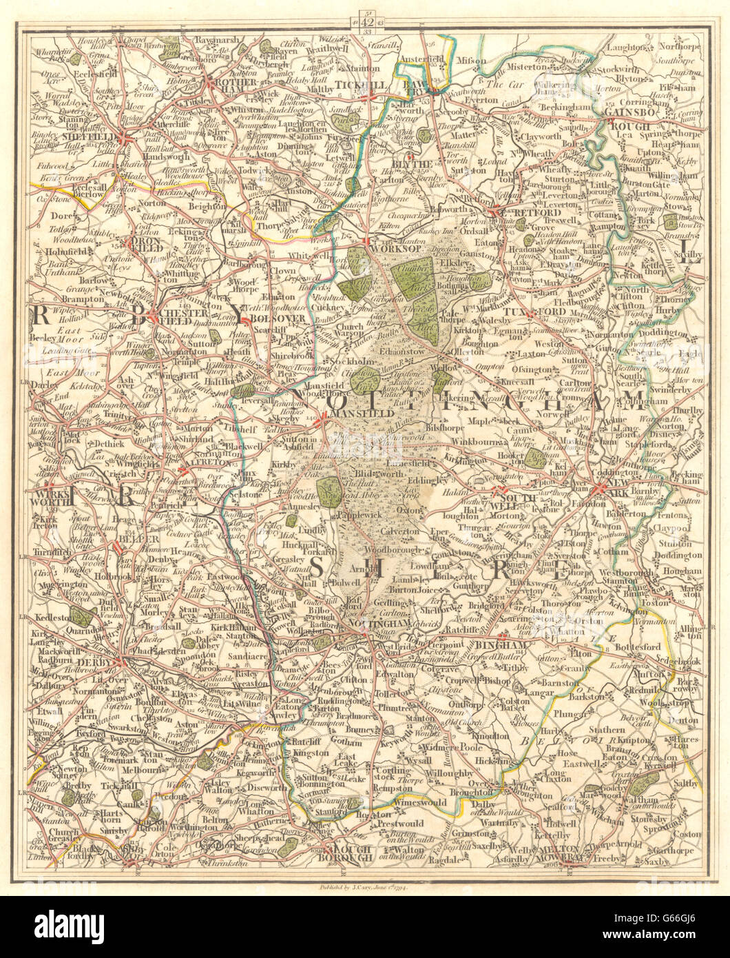 NOTTINGHAMSHIRE, DERBYSHIRE E S YORKS: Derby Nottingham Sheffield. CARY 1794 Karte Stockfoto
