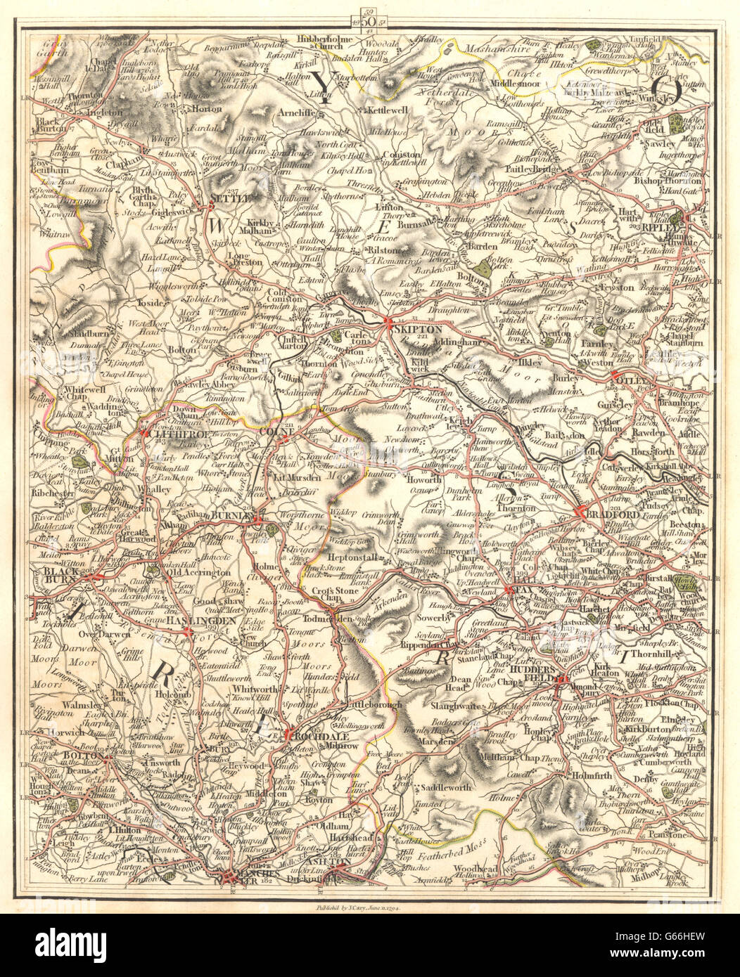 EAST LANCASHIRE/W YORKSHIRE: Manchester Bradford Blackburn Halifax.CARY, 1794 Karte Stockfoto