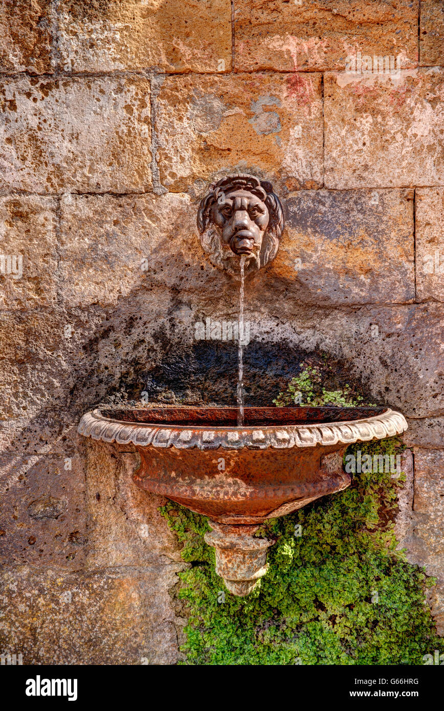Löwen Kopf Trinkbrunnen in Sovana, Toskana, Italien Stockfoto