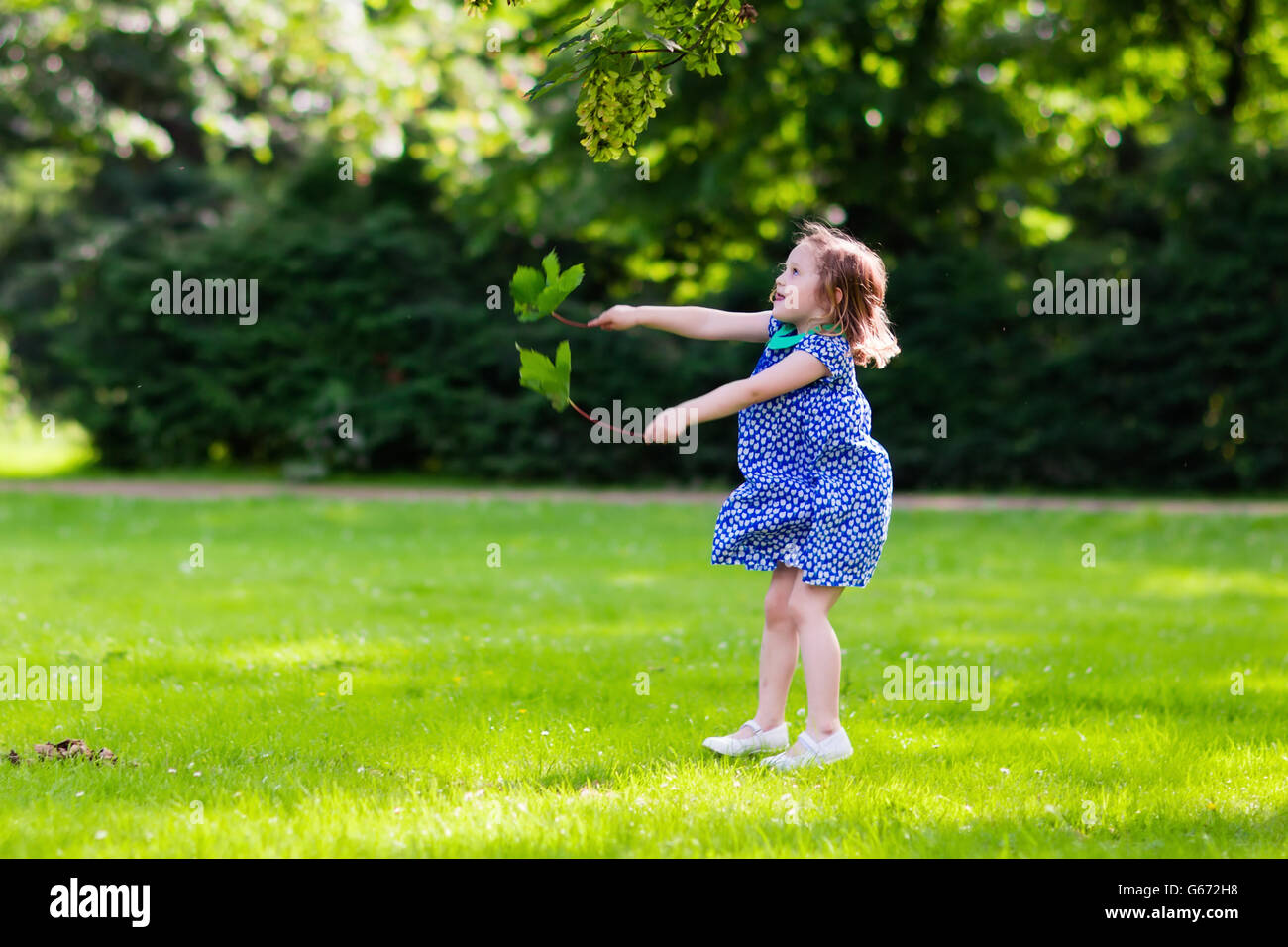 Niedliche kleine Mädchen spielen im sonnigen Sommerpark. Kind, die Kommissionierung Ahorn Blätter. Kleinkind Kind laufen und springen in einen Wald. Stockfoto