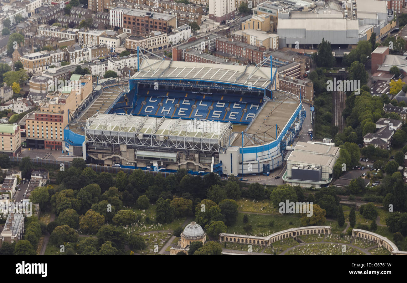 Eine Luftaufnahme des Stadions Stamford Bridge des Chelsea Football Club in London. Stockfoto